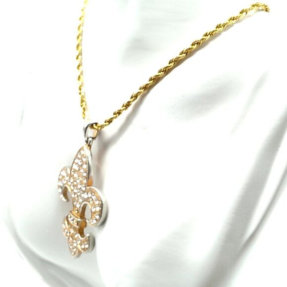 Pave Crystal Fleur de lis Gold-tone & Silver-tone Pendant Rope Chain Necklace - Picture 3 of 11